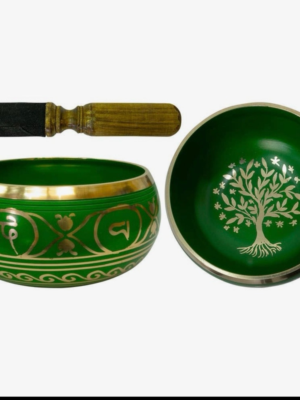 Green Tibetan Singing Bowl Set with Wooden Mallet